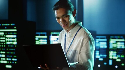 Poster - computer scientist strolling through server rows providing processing resources for different worklo