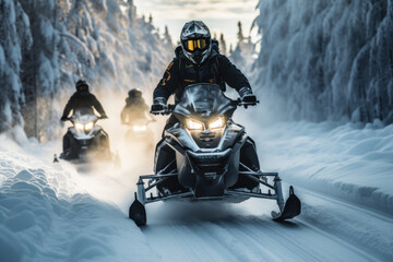 Canvas Print - A group of adventurers don snowmobile gear and set out on a snowy trail, embarking on a thrilling winter excursion. Generative Ai.