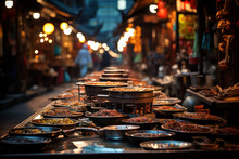 A Bustling Asian Night Market, Filled With The Aroma Of Street Food And Vibrant Lanterns. Generative AI.