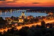 Evening view of Jefferson City downtown overlooking Missouri River and State Capitol. Generative AI