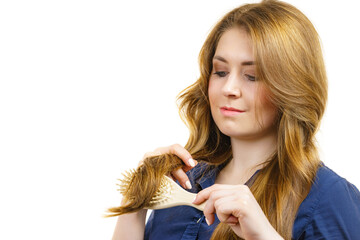 Poster - Woman brushing long healthy brown hair