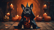 Funny Puppy In Black Halloween Costume, Cute Pet Dog With Pumpkins