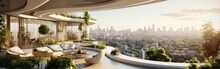 City View From Building Interior, Urban Landscape With Green Plants