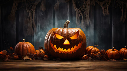 Wall Mural - halloween pumpkin lantern in vintage barn on dark wood background