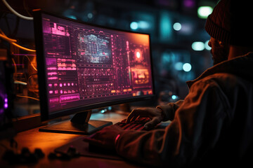 Poster - A close-up of a person's hand adjusting the settings on a professional gaming monitor. Generative Ai.