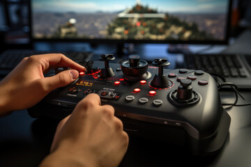 Poster - A close-up of a person's hand using a precision gaming joystick for flight simulation games. Generative Ai.