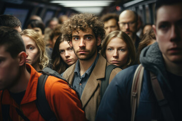 A diverse group of people commuting in a crowded subway, depicting the challenges of urban transportation. Generative Ai.