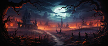 Halloween Spooky Background, Scary Jack O Lantern Pumpkins In Creepy Dark Forest With Bats, Spooky Trees, Moon And Old House Happy Haloween Ghosts Horror Gothic Mysterious Night Moonlight Backdrop.
