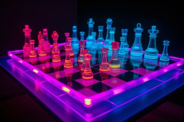 Wall Mural - A chess board with vibrant color neon chess pieces, portraying a futuristic style. Generative AI