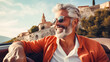 © Clipart Collectors - Happy bearded senior man enjoying summer road trip in Italy, luxury cabrio adventure, wealth and freedom lifestyle