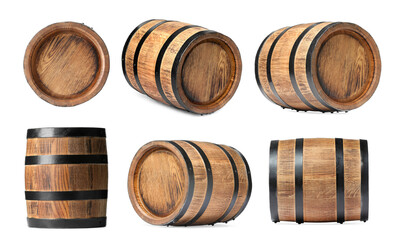 Wall Mural - Collage of wooden barrel on white background, different sides