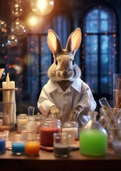 Wall Mural - A rabbit in a lab coat sitting at a table. Generative AI.