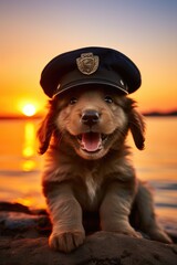 Canvas Print - A dog wearing a police hat sitting on a rock. Generative AI.