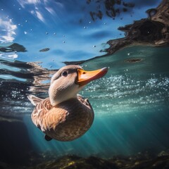 Canvas Print - A duck floating under the water. Generative AI.