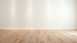 © yj - Empty light interior background. White textured empty wall and wooden light floor with lighting. generative AI