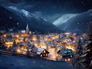 Canvas Print - A small town in the middle of a snowy mountain. Generative AI.