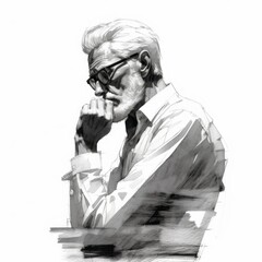 Wall Mural - White old man in thinking and doubts monochrome illustration. Male character with dreamy face on abstract background. Ai generated black and white sketch poster.