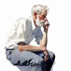 Wall Mural - White old man in thinking and doubts watercolor illustration. Male character with dreamy face on abstract background. Ai generated watercolor poster.