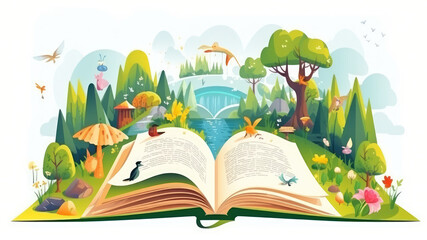 Wall Mural - Open book on 2 pages of children and kids magical fantasy story book about nature. Magical story book with fairy tale illustration.