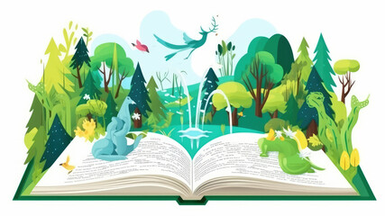 Open book on 2 pages of children and kids magical fantasy story book about nature. Magical story book with fairy tale illustration.