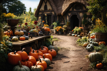 Wall Mural - Halloween spooky background, scary jack o lantern pumpkins in creepy dark Happy Haloween ghosts horror mysterious night village street garden with old haunted house mystic backdrop.