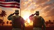 Generative AI : Rear view of military man father holding sons hand with american flag and enjoying amazing summer nature view on sunny day happy male soldier dad reunited with son after US army