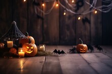 Generative AI : Legs Of Child Girl In Witch Costume For Halloween With Pumpkin Jack On A Dark Wooden Background