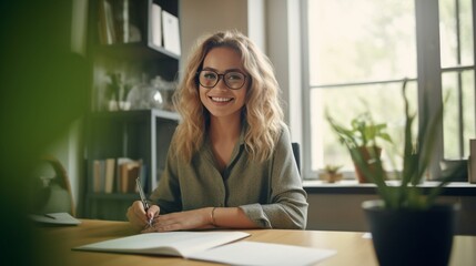 Generative AI : Happy cheerful female freelancer in glasses and casual clothes analyzing information in documents while sitting at table with graphics and notepad and using laptop in cozy contemporary