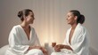 Generative AI : Content young mother and daughter in white bathrobes applying cosmetic cream on face and touching faces after skin care procedure and smiling with satisfaction while spending time toge