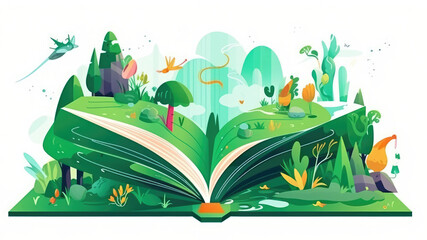 Open book on 2 pages of children and kids magical fantasy story book about nature. Magical story book with fairy tale illustration.