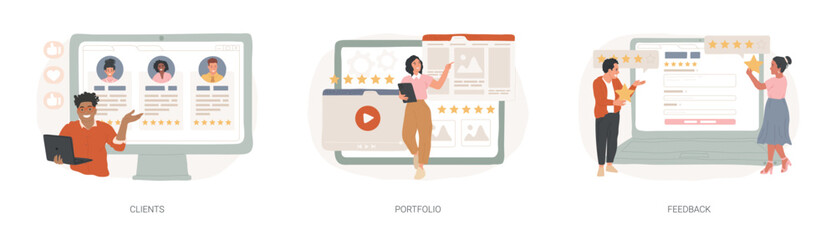 Poster - Business landing page isolated concept vector illustration set. Clients, portfolio, feedback, corporate website, project main customers, menu bar, navigation design, service catalog vector concept.