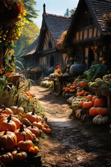 Wall Mural - Halloween spooky background, scary jack o lantern pumpkins in creepy dark Happy Haloween ghosts horror mysterious night village street garden with old haunted house mystic backdrop.