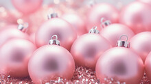 Christmas Pastel Pink Baubles Closeup. Abstract Holiday Decor Background