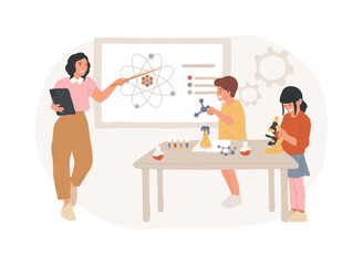 Poster - Science camp isolated concept vector illustration. Science summer camp, young scientists lessons, laboratory tests, thematic vacation for kids, outdoor study, making experiment vector concept.