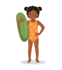 Poster - happy little African girl with swimsuit holding inflatable rubber ring with hand on waist pose having fun on summer time