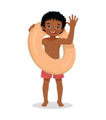 Poster - happy little African boy with swimsuit holding inflatable rubber ring waving hand having fun on summer time