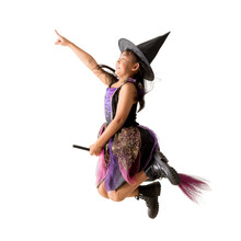 Cute Asian Girl Wear Witch Clothes With Flying Jumping With Broom Halloween Concept, Full Body Portrait Isolated On White And Transparent Background