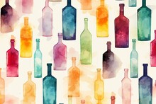 A seamless pattern featuring alcohol bottles with stylized silhouettes and watercolor effects. Generative AI