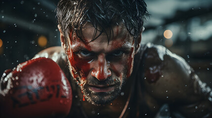 Fototapeta close-up of a determined male boxer with raised gloves. sweaty and bloodied face