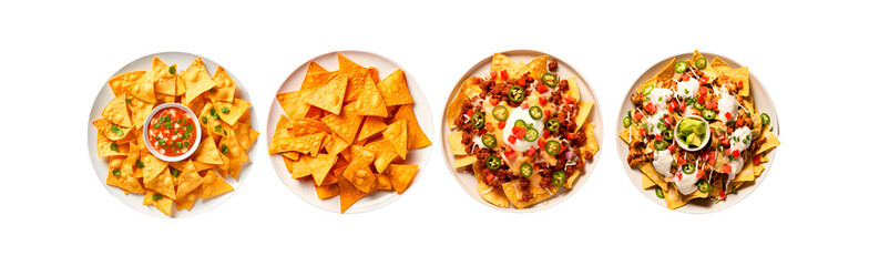 Plate of tasty homemade spicy nachos with guacamole isolated on transparent background. Mexican food.