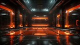 Fototapeta Perspektywa 3d - sci fi studio stage set in a dark, cyberpunk garage.polished concrete tiled floor in vivid orange