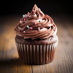 Chocolate cupcake with cream and chocolate chips on dark wooden background