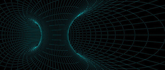 Wormhole wireframe structure. Neon geometric dotted outline grid tunnel backdrop. 3D funnel or vortex texture. Blue dashed abstract energy lines on dark background. Vector illustration wallpaper