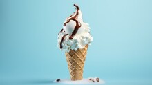 Ice Cream Cone With Chocolate And Ice Cream On Blue Background