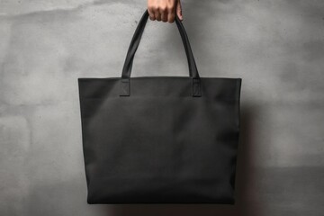 Wall Mural - Hand holding black cotton tote bag mockup on a wall background.