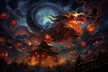 Dragon Image With Oriental Lanterns, In The Style Of Hyper Realistic Illustrations, Chinese New Year 2024