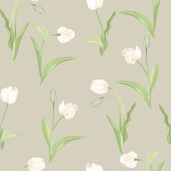 Wall Mural - Floral seamless pattern, white tulips and leaves on green