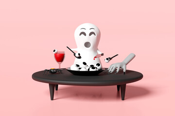 Wall Mural - 3d happy halloween party with cute ghost holding a bloody knife wineglass, cocktail eyes, zombie hand isolated on pink background. 3d render illustration