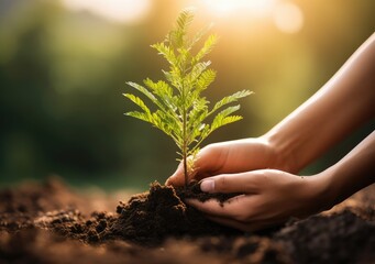 Two hands of the men were planting the seedlings into the ground to dry. AI Generative.