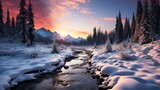 Fototapeta Most - Mountain river in the winter forest at sunset. Beautiful landscape, Generative AI
